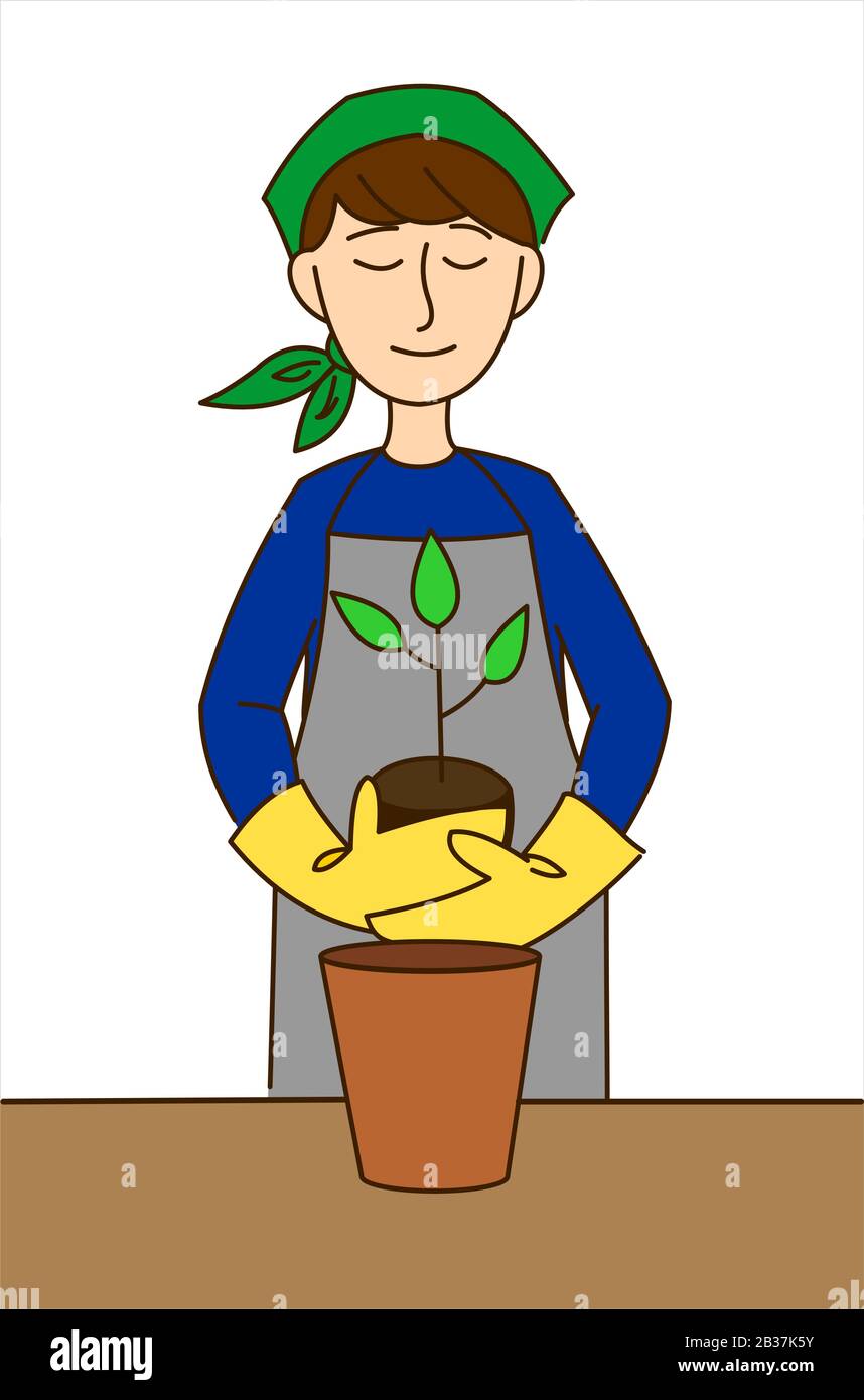 Portrait d'une jeune femme portant des combinaisons plantant une plante dans un pot de fleur. Une fille dans un tablier, un foulard et des gants transplante une fleur ou un arbre. Illustration de Vecteur