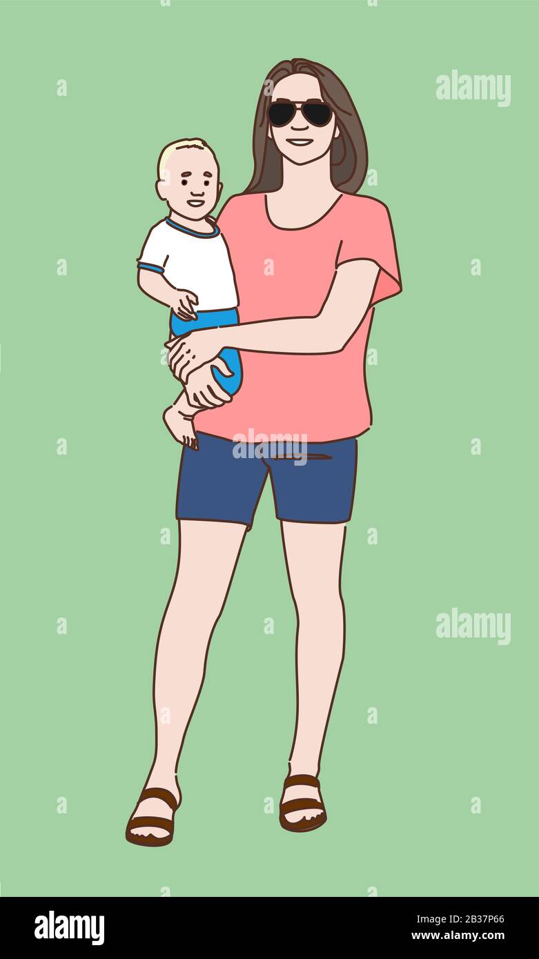 Une jeune femme en lunettes, tee-shirt et short tient un petit enfant dans ses bras. Illustration de Vecteur