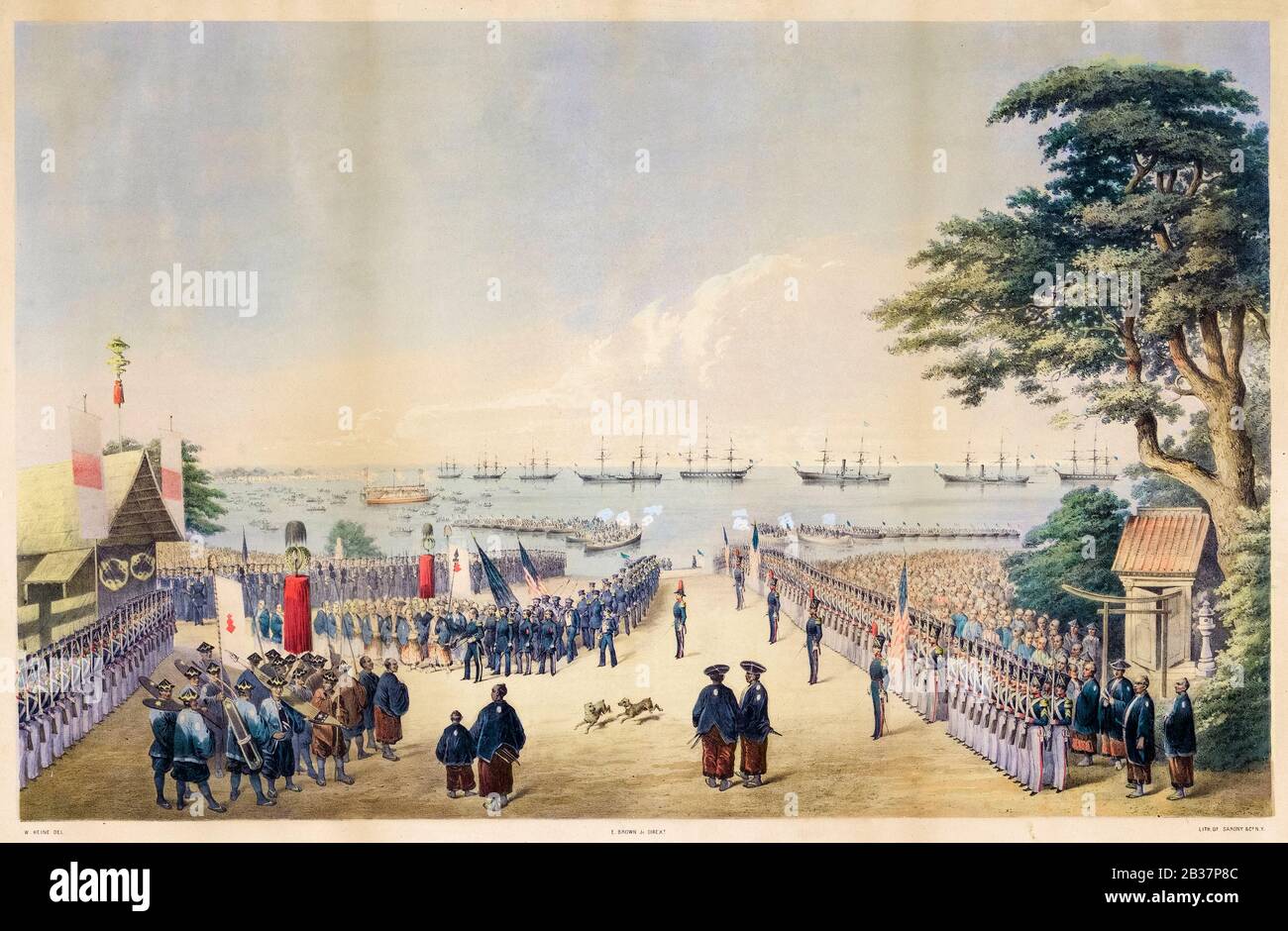 Atterrissage du Commodore Perry, officiers et hommes de l'escadron pour rencontrer les commissaires impériaux à Yokohama, Japon, 8 mars 1854, imprimer 1855 Banque D'Images