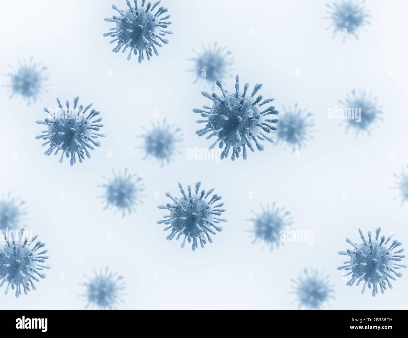 Illustration en 3 dimensions des cellules virales avec profondeur de champ isolée sur fond blanc. Virus Corona Banque D'Images