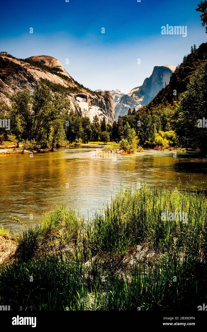 Image en couleur de la vallée en forme de U et du demi-dôme du parc Yosemite avec rivière qui traverse la vallée Banque D'Images