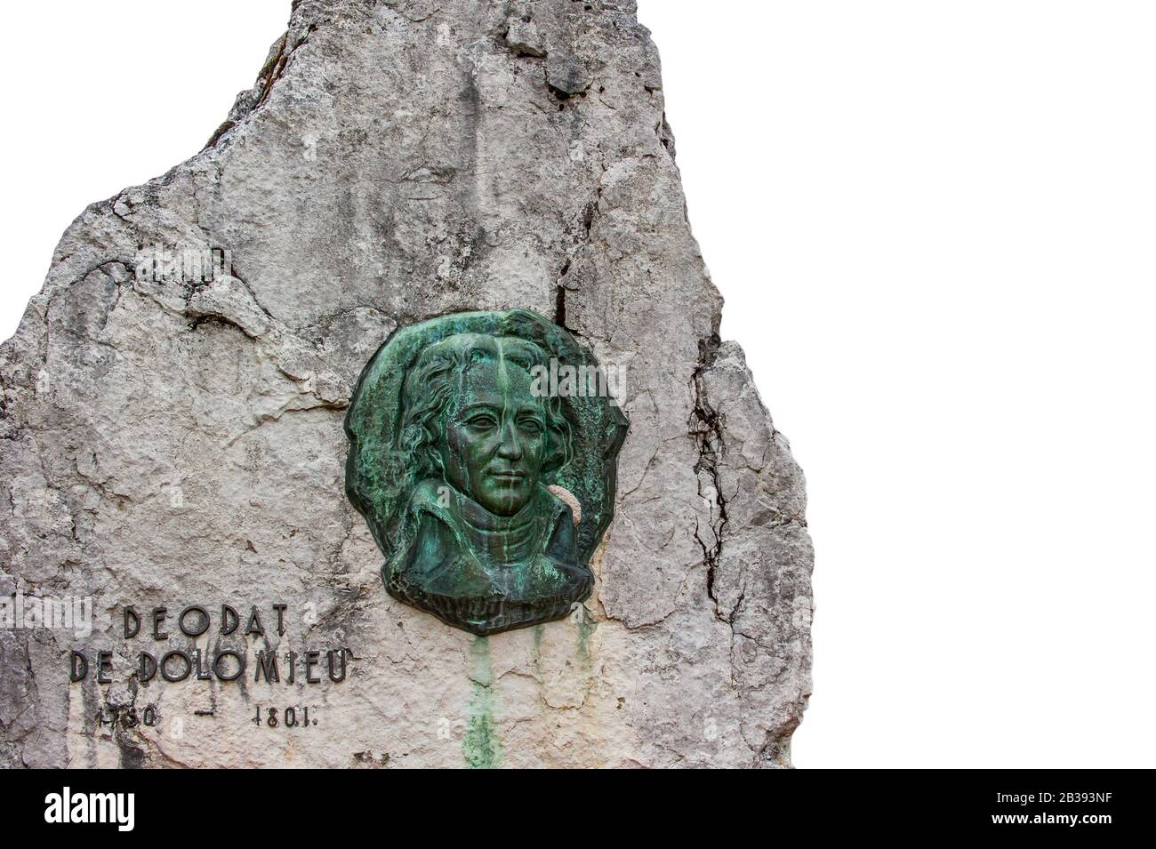 Cortina D'Ampezzo, Italie. 2010. Monument en l'honneur du géologue français Déodat Gratet de Dolomieu, Dolomites sur fond blanc Banque D'Images