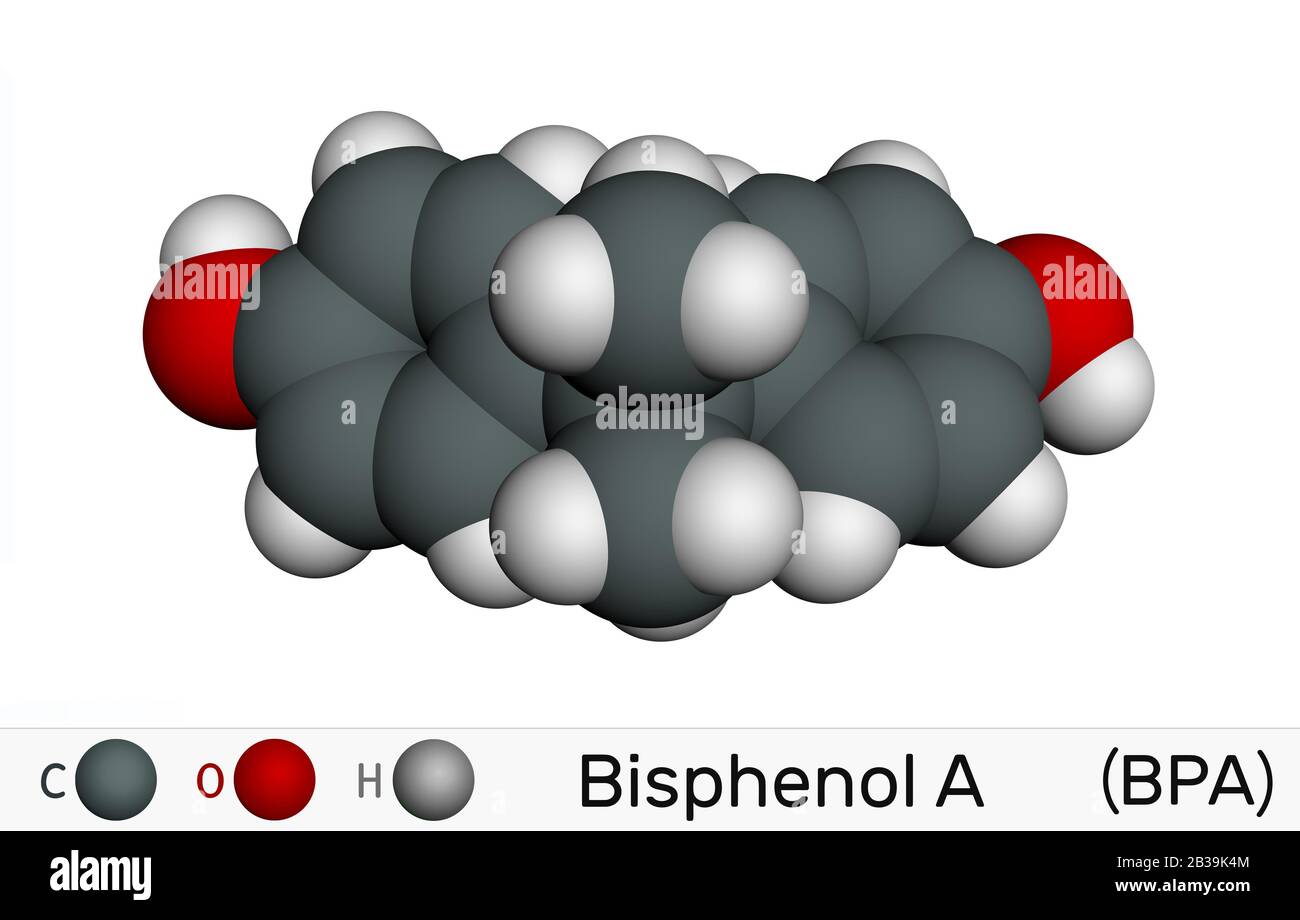 Bisphénol A, BPA, molécule d' Il est précurseur des plastiques en polycarbonate et des résines époxy. Modèle moléculaire. Rendu tridimensionnel Banque D'Images