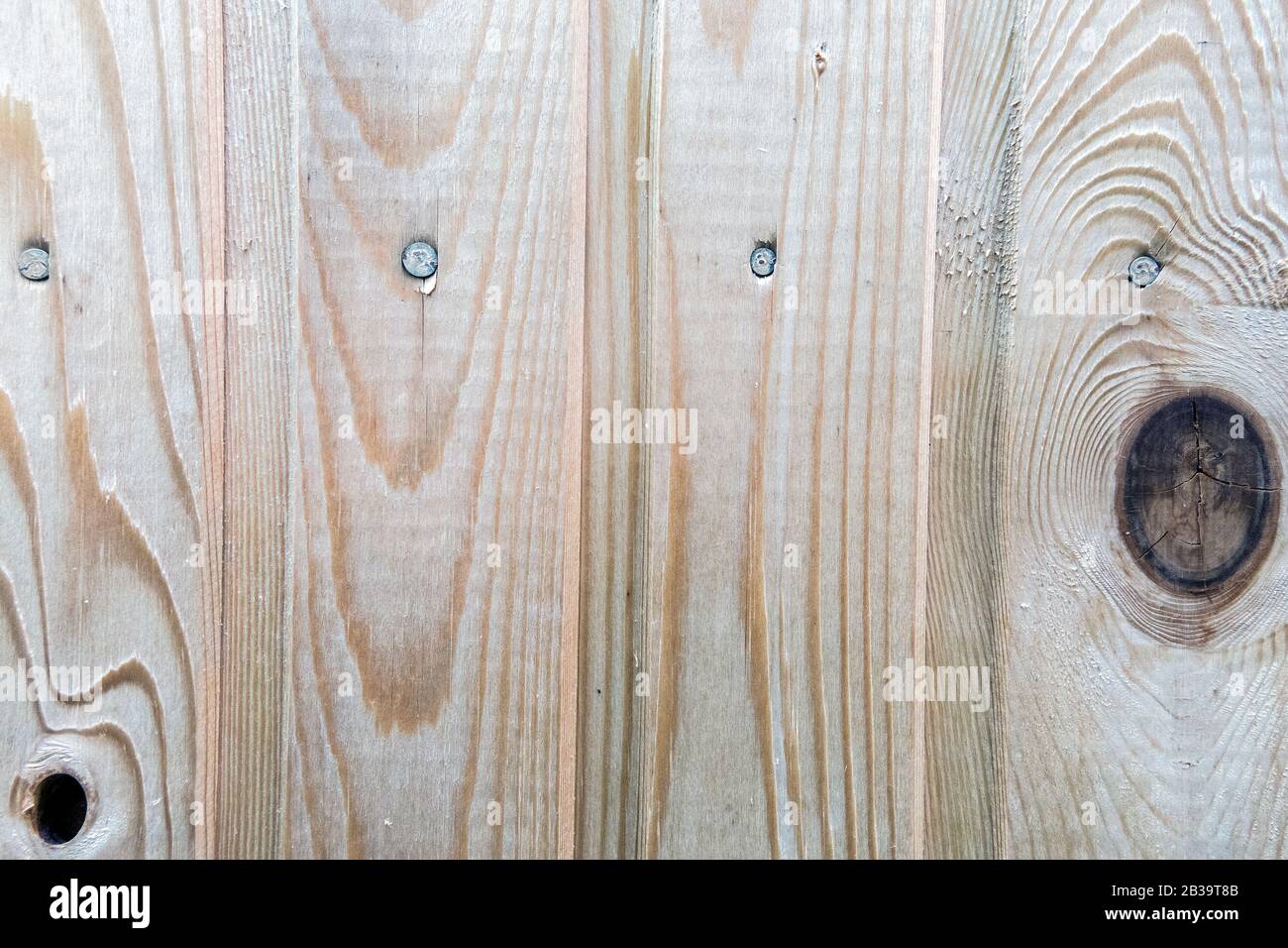 Texture de planks en bois clair avec de gros noeuds et clous craquelés foncé entraînés dans eux, surface avec un motif naturel. Abstrait, arrière-plan vertical. Banque D'Images