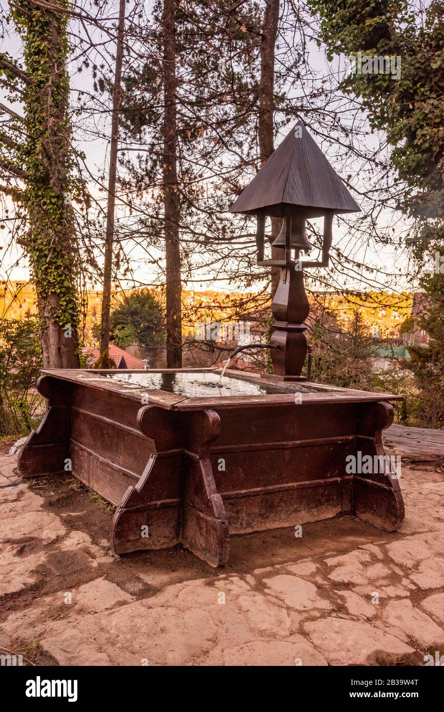 Une fontaine en bois avec un clocher, entourée d'une petite bosquet Banque D'Images