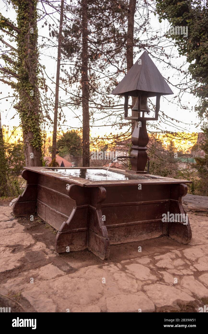 Une fontaine en bois avec un clocher, entourée d'une petite bosquet Banque D'Images