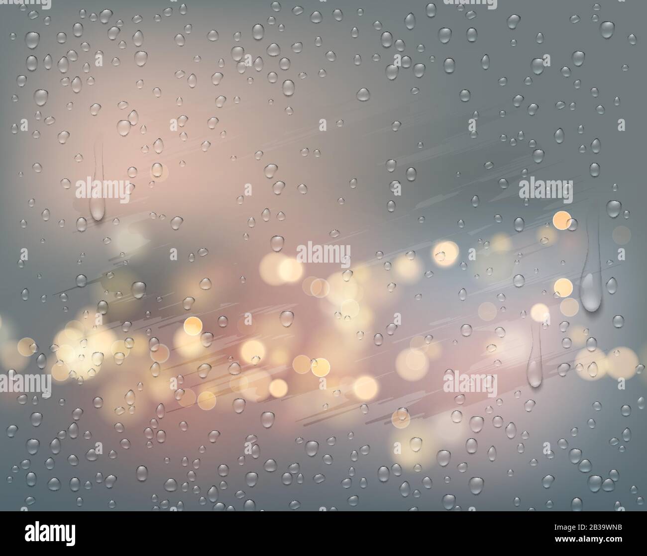 Nuit lumière de ville vue par une fenêtre brumeuse avec des gouttes de pluie. Illustration vectorielle Illustration de Vecteur