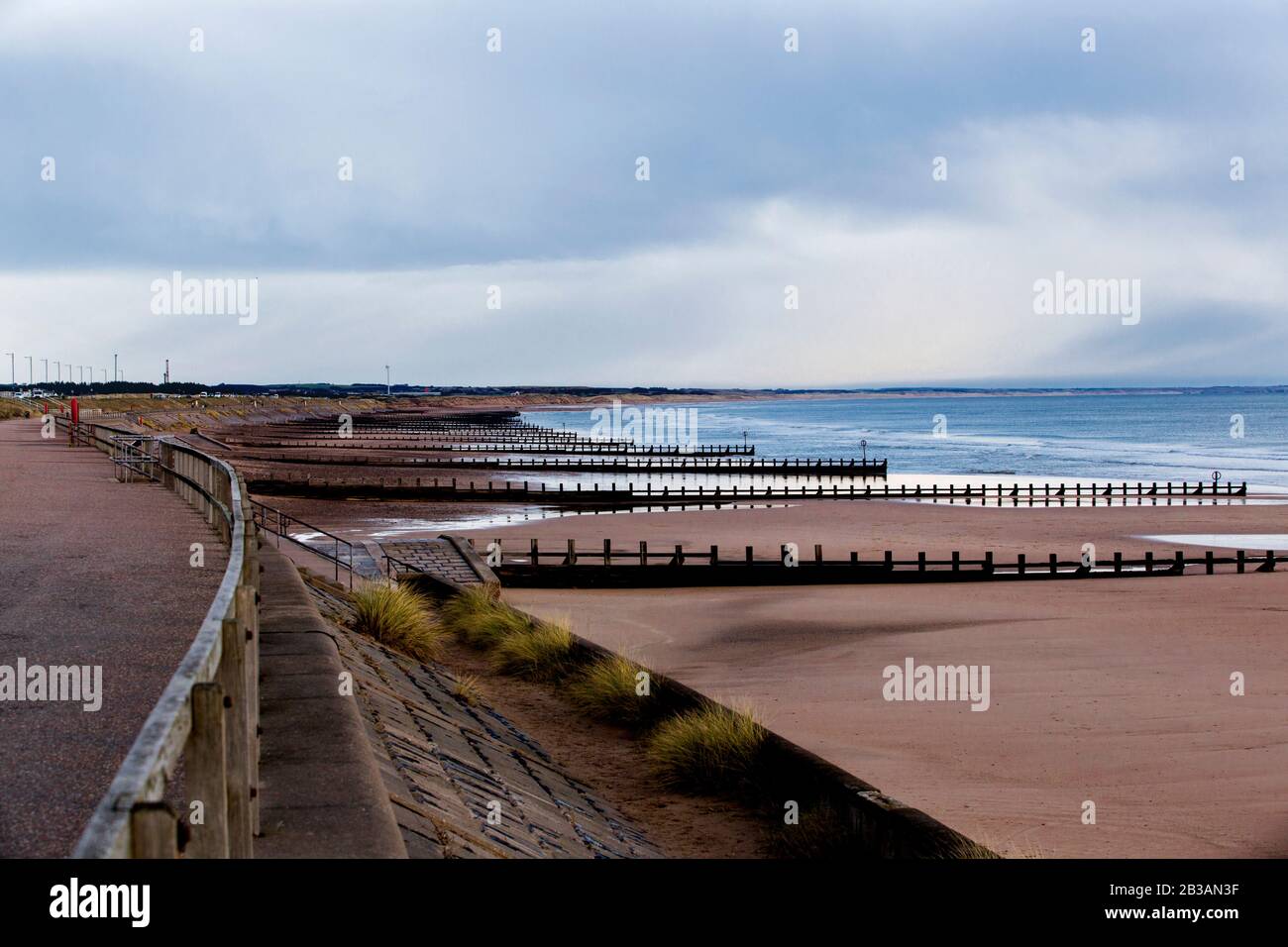 Vue sur la plage d'Aberdeen en hiver, son sable doré et sa longue longueur incurvée entre le port et la bouche du Don, et ses nombreuses œillets océaniques Banque D'Images