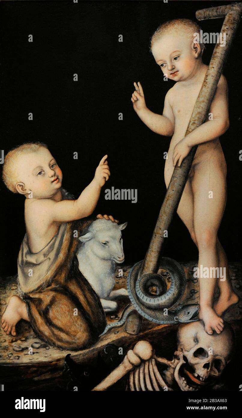 Lucas Cranach The Elder (1472-1553). Peintre allemand. Christ enfant Triomphant de la mort et Du Péché, CA.1530-1540. Musée Lazaro Galdiano. Madrid. Espagne. Banque D'Images
