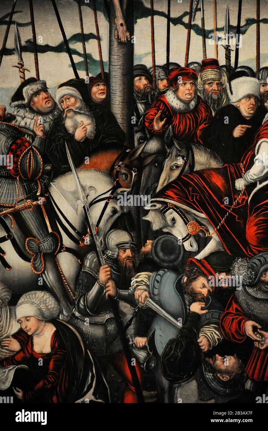 Lucas Cranach The Elder (1472-1553). Peintre allemand. Le Calvaire, première moitié du XVIe siècle. Détails. Musée Lazaro Galdiano. Madrid. Espagne. Banque D'Images