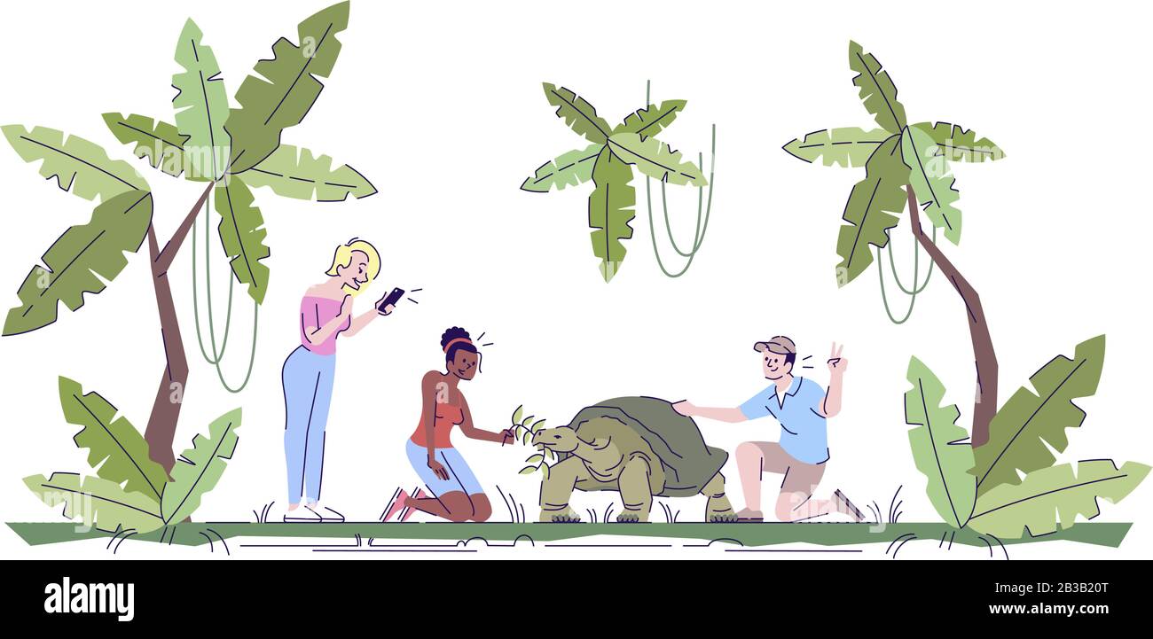 Les gens photographiant la tortue dans l'illustration des gribouillis plats de la jungle. Les touristes prennent des photos avec des animaux sauvages. Zoo pour enfants. Indonésie tourisme 2 D dessin animé Illustration de Vecteur