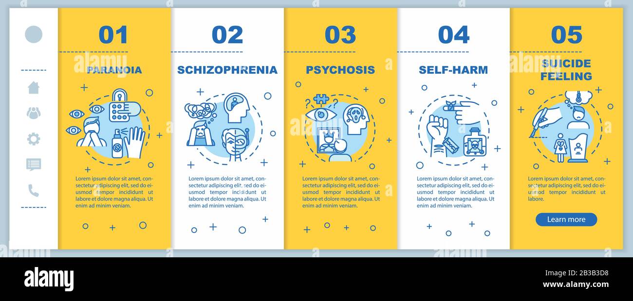 Modèle vectoriel d'intégration des troubles mentaux. Schizophrénie. Maladies psychologiques. Paranoïa. Sentiment de suicide. Site Web mobile réactif avec icônes Illustration de Vecteur