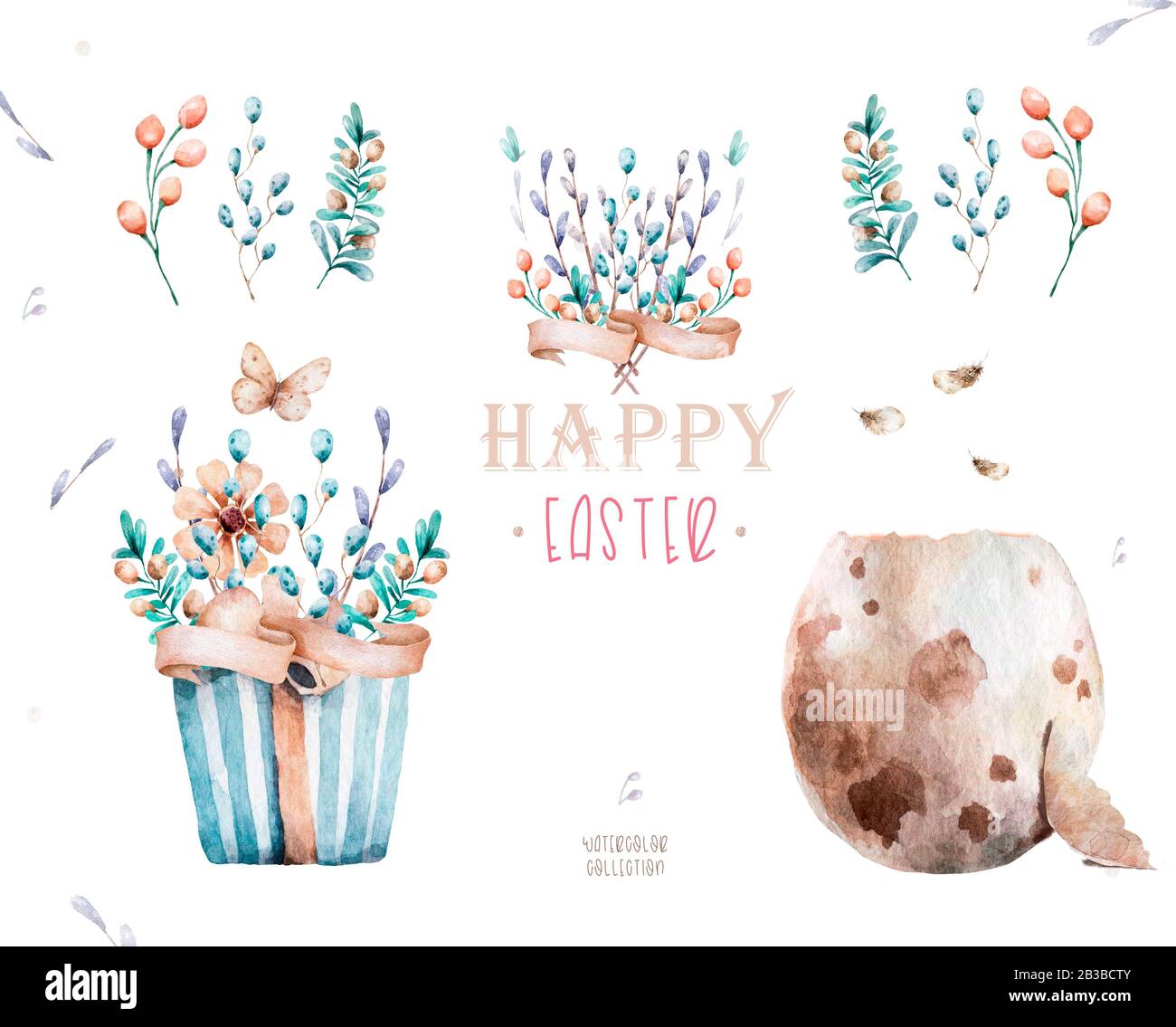 Set de Pâques aquarelle Happy, œufs colorés à fleurs et fleurs printanières, isolé sur fond blanc, illustration d'aquarelle vintage pour le design Banque D'Images