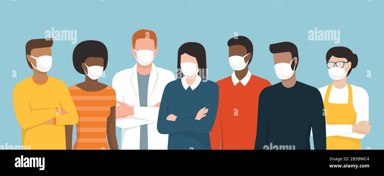 Groupe de personnes portant des masques chirurgicaux et debout ensemble, concept de prévention et de procédures de sécurité Illustration de Vecteur