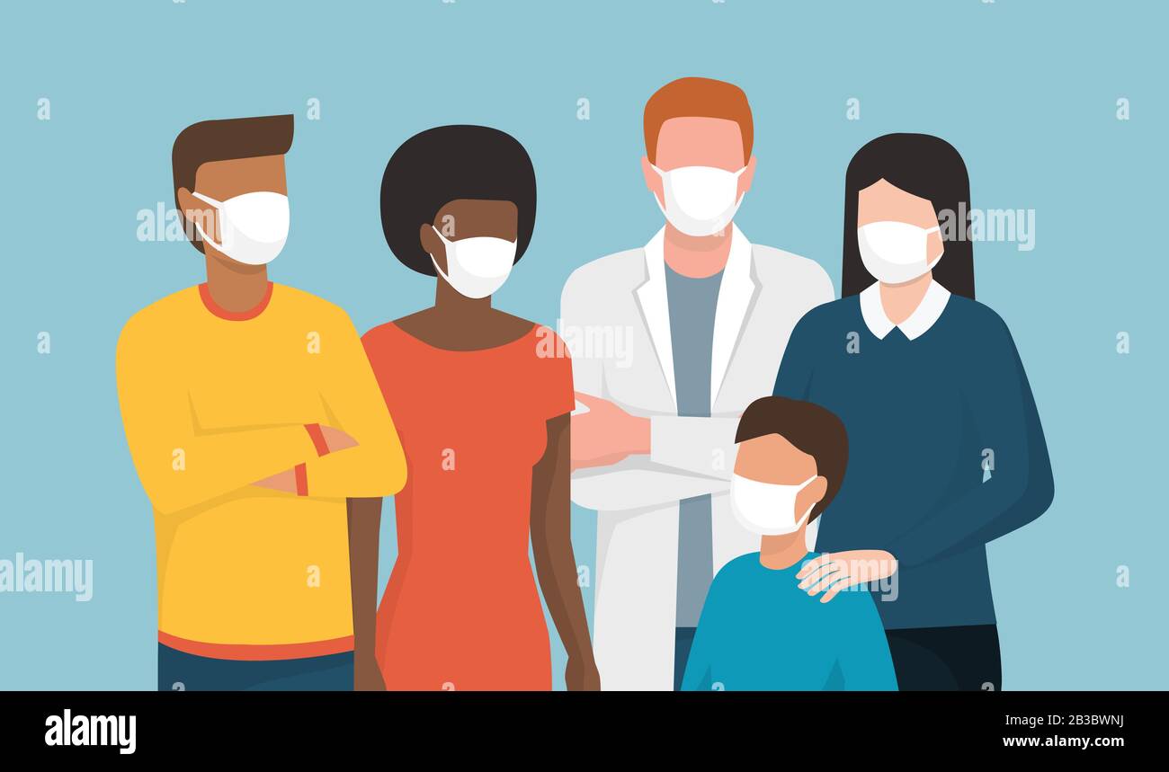 Groupe de personnes portant des masques chirurgicaux et debout ensemble, coronavirus covid-20119 concept de prévention et de procédures de sécurité Illustration de Vecteur