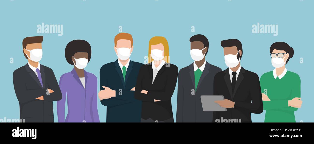 Hommes d'affaires portant des masques chirurgicaux et debout ensemble, concept de santé et de prévention Illustration de Vecteur