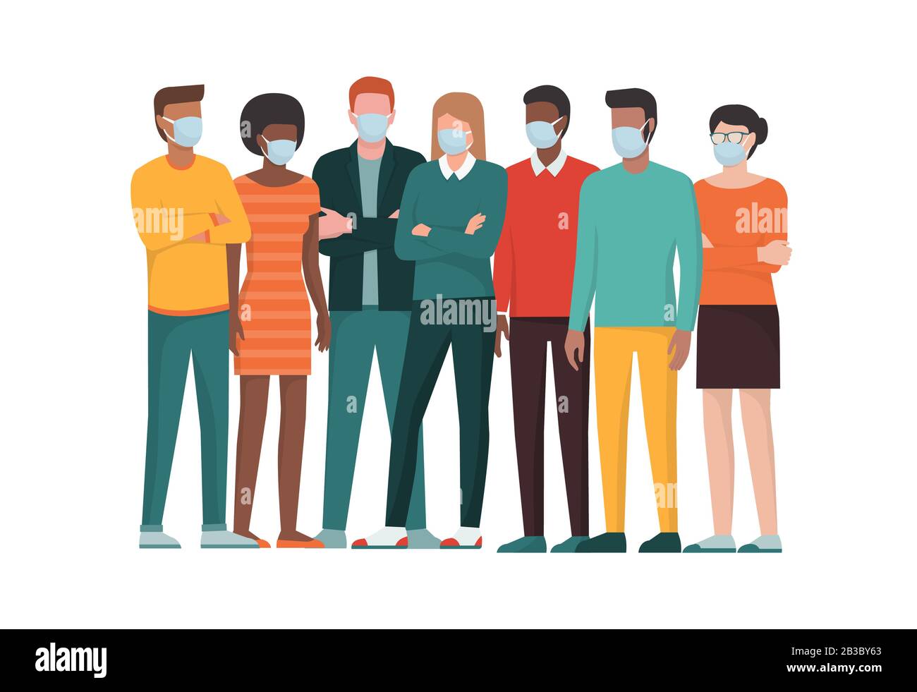 Groupe de personnes portant des masques chirurgicaux et debout ensemble, coronavirus covid-20119 concept de prévention et de procédures de sécurité Illustration de Vecteur