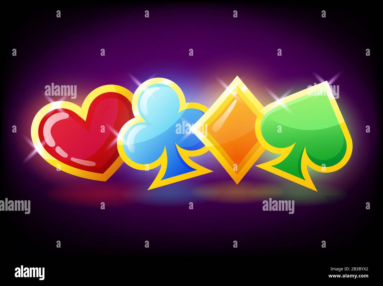 Symboles lumineux colorés de poker - coeurs, clubs, pique et icônes de diamants, symbole de costume de carte pour machine à sous, jeu de jeu de jeu de conception, vecteur Illustration de Vecteur