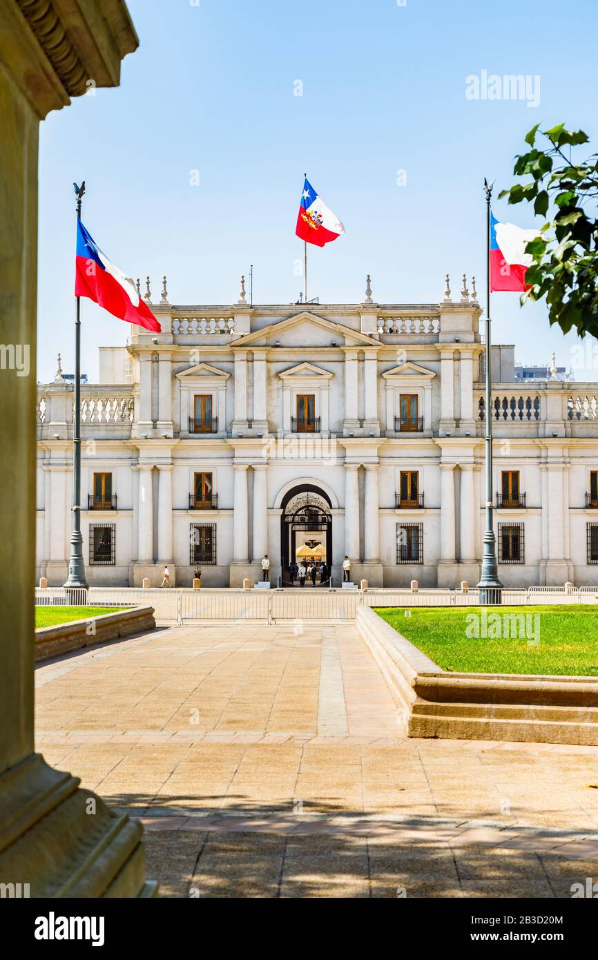 Façade du Palacio néoclassique de la Moneda ou du Palais de la Moneda, siège du Président de la République du Chili, Santiago, capitale du Chili Banque D'Images