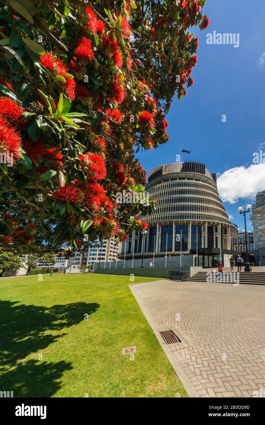 Édifices du Parlement situés à Wellington, en Nouvelle-Zélande. L'aile exécutive est une forme distinctive et est communément appelée Beehive. Banque D'Images