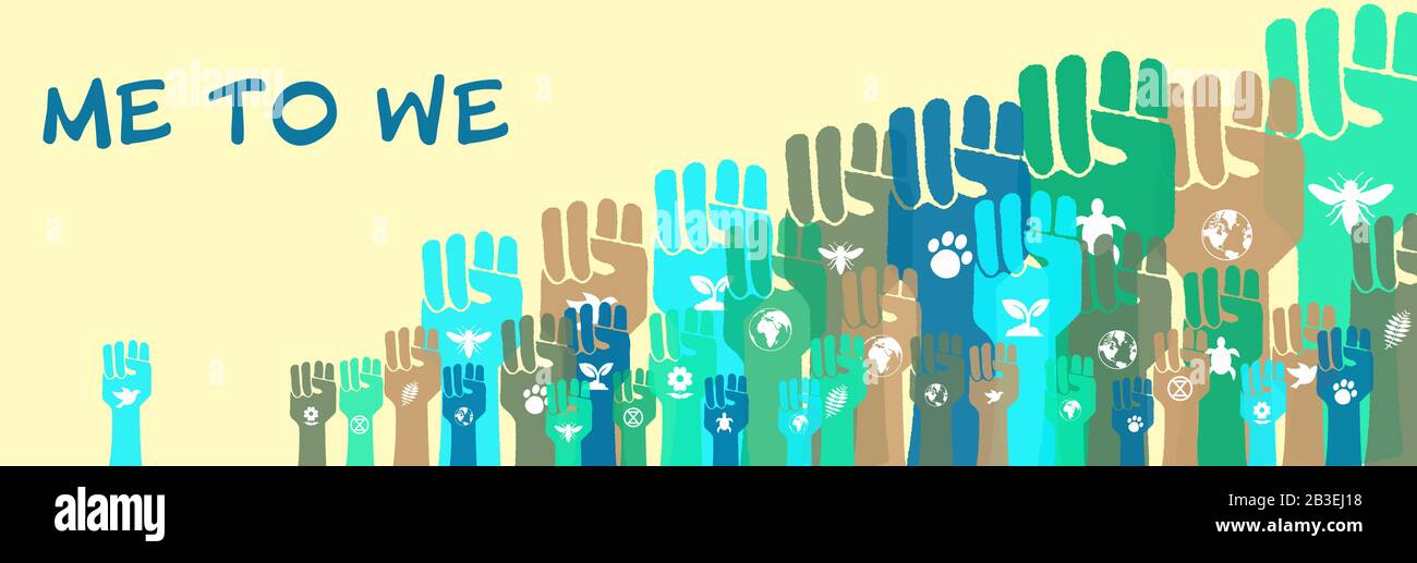 À nous, la bannière de l'activisme environnemental communautaire, a levé les mains avec des symboles écologiques, la solidarité humaine et la protestation pour sauver le concept de la terre Banque D'Images