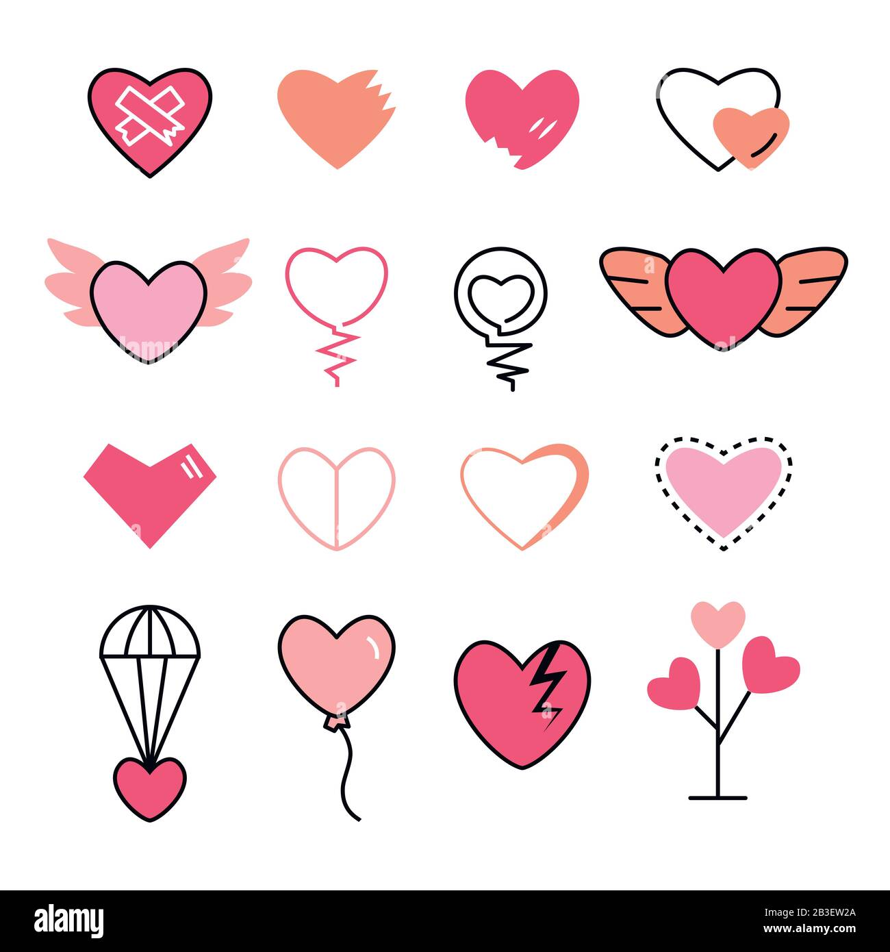 Coeurs plat et ligne icône rose jeu de couleurs Illustration de Vecteur