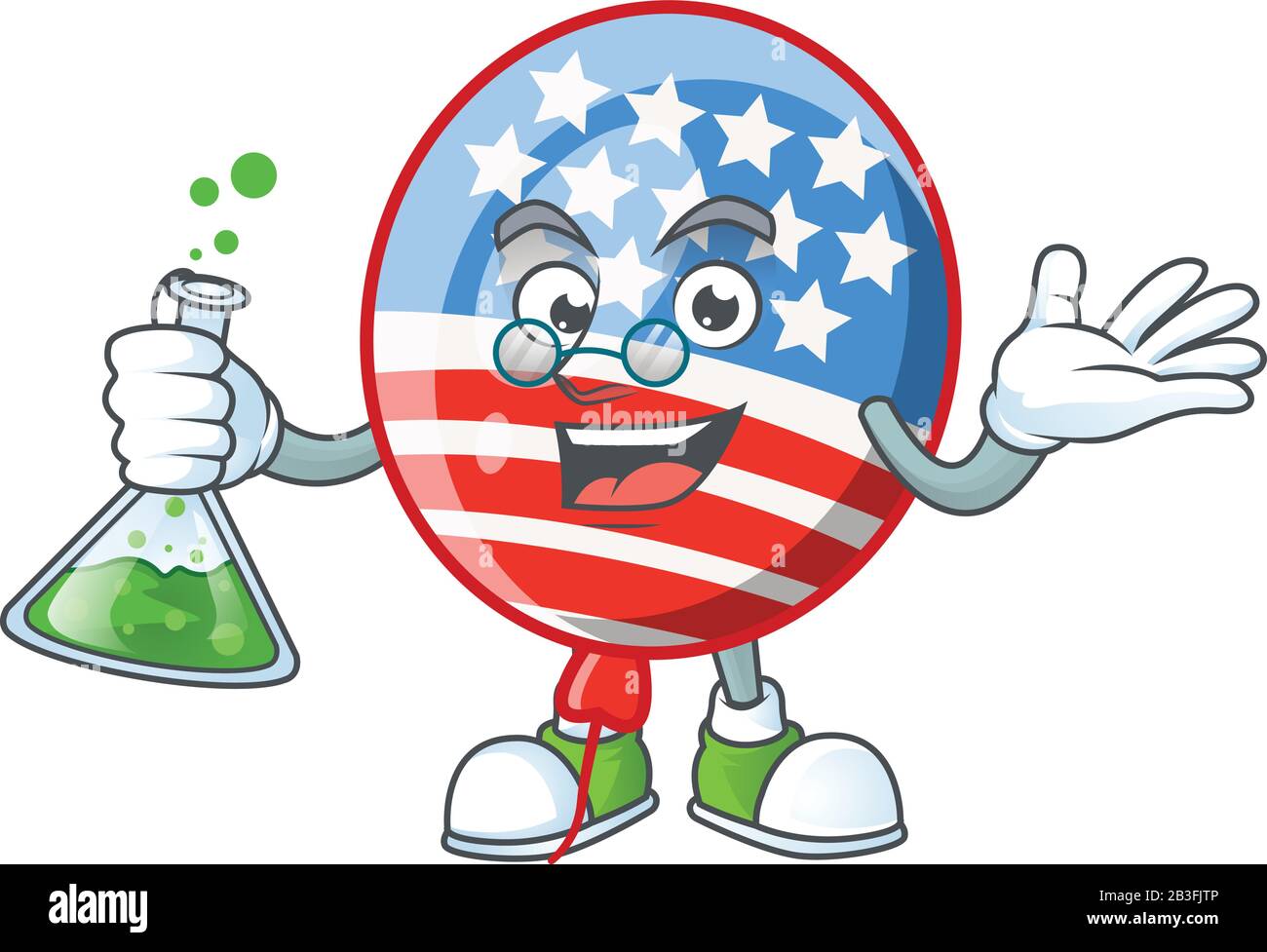 Un génie professeur USA rayures ballon personnage de dessin animé avec tube en verre Illustration de Vecteur