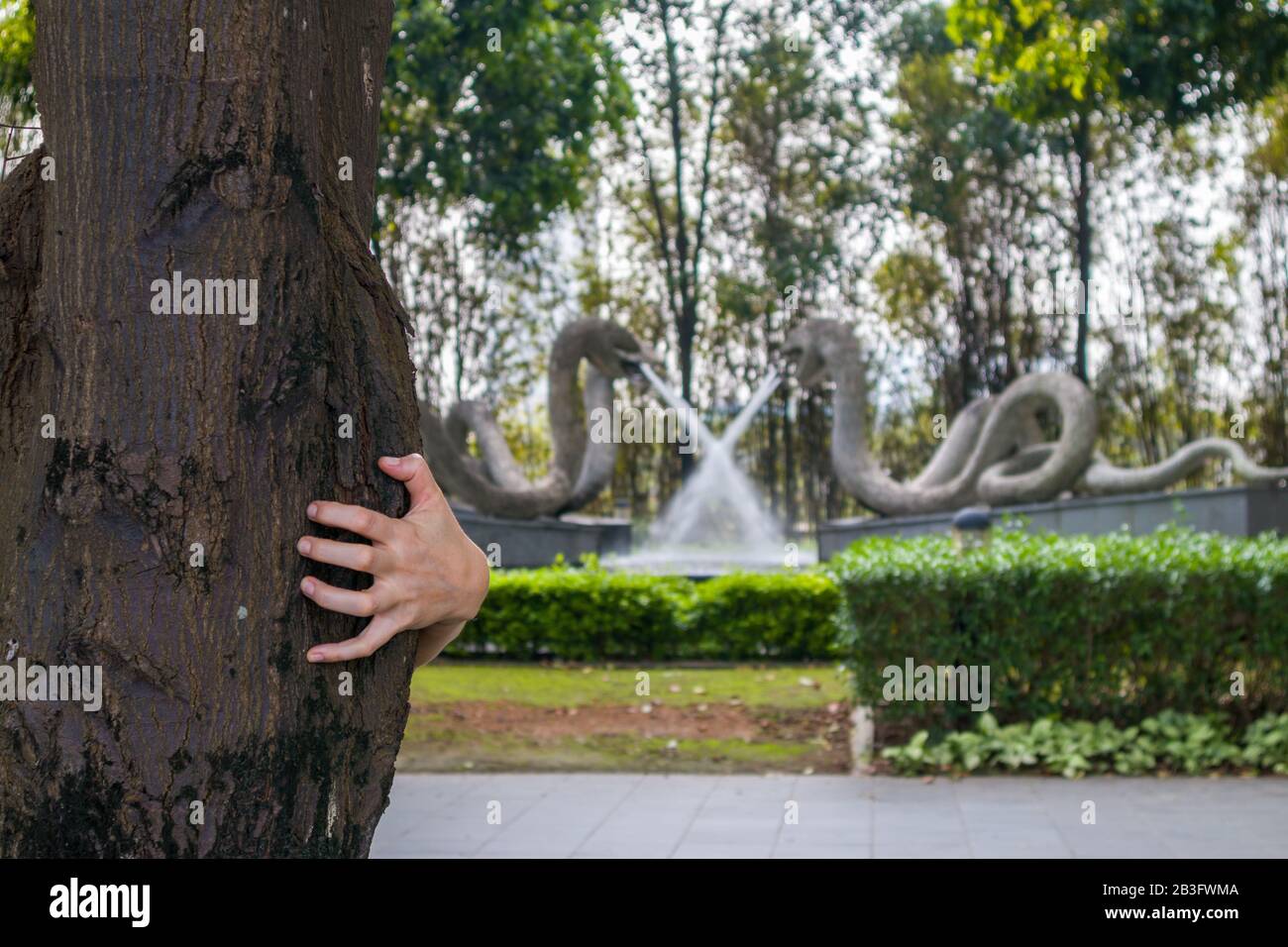 Une main mystique prendre un arbre dans un parc vert sur le fond de fontaine actif avec quatre grandes statues de serpent Banque D'Images