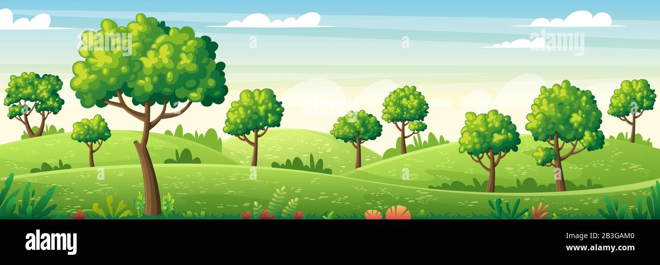 Panorama paysage d'été avec arbres, fleurs et prairies. Illustrations vectorielles avec calques séparés. Concept de bannière, d'arrière-plan Web et de modèles. Illustration de Vecteur