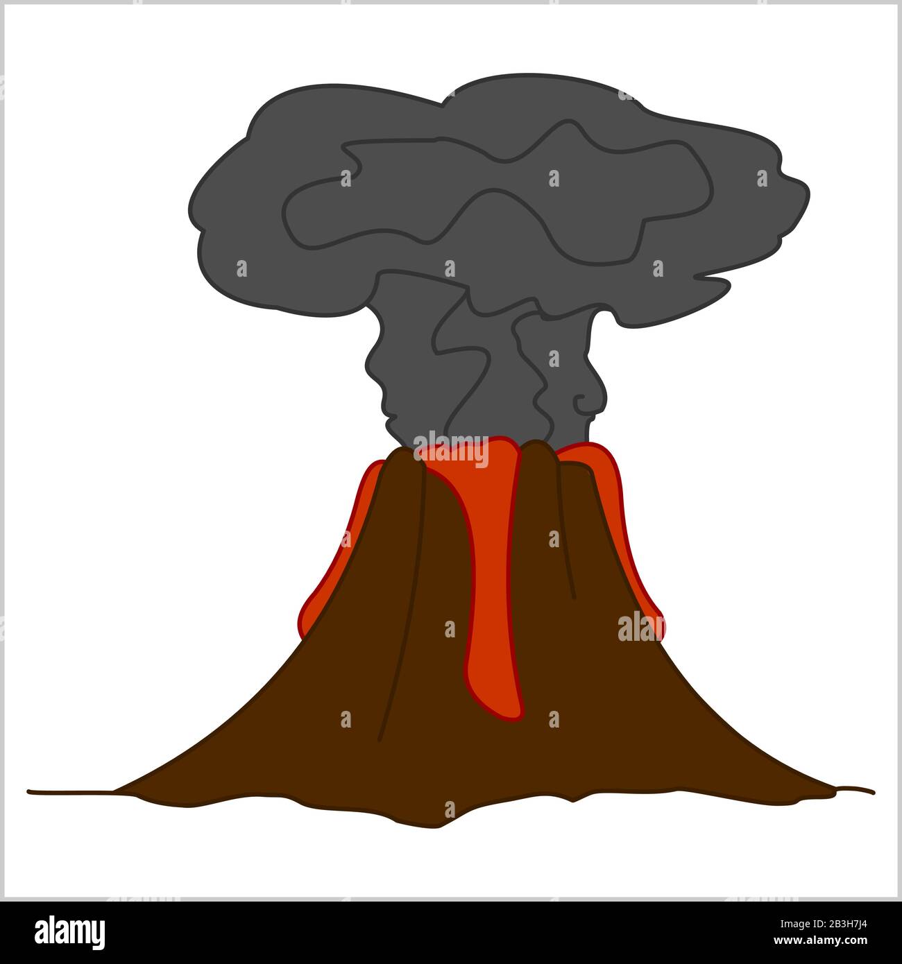 Volcan avec Lava et une colonne de fumée. Éruption Volcanique. Pour L'Impression. Image vectorielle plate moderne isolée sur fond blanc. Illustration de Vecteur