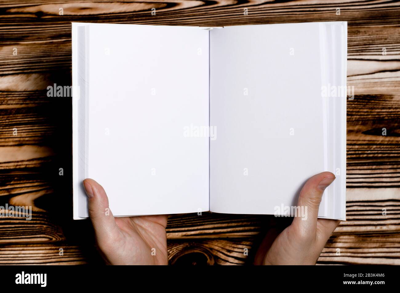 Les Mains Des Hommes Tenant Un Livre Ouvert Avec Une Couverture Vierge Sur Fond Clair Maquette De Livre Carre Vide Ouvert Photo Stock Alamy