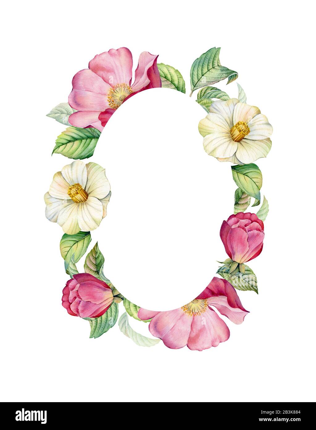 Bannière fleurie aquarelle avec camellia et rose de la hanche. Des feuilles réalistes et des fleurs mariées. Cadre ovale et emplacement pour le texte. Illustration botanique pour Banque D'Images