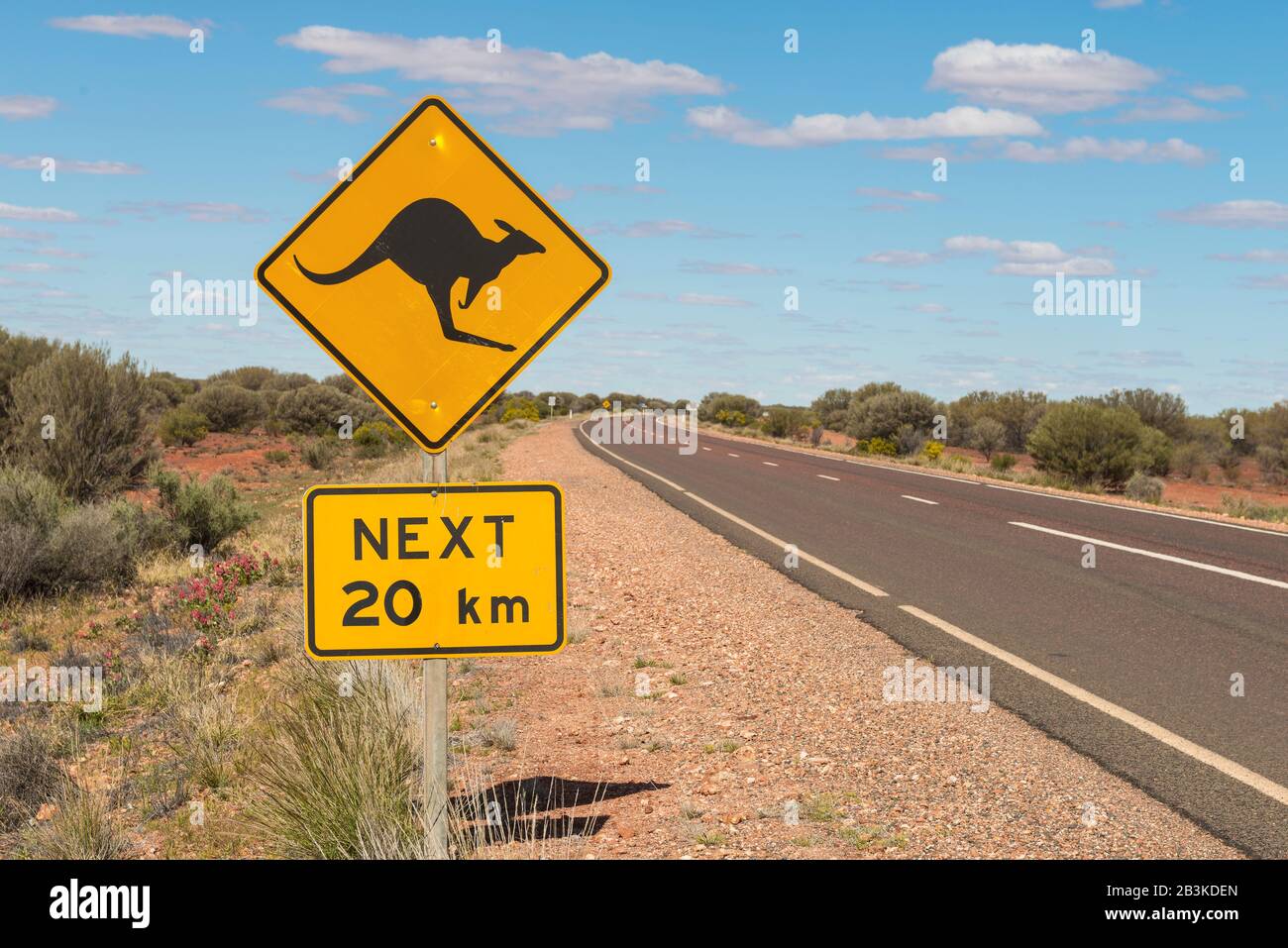 Panneau Kangaroo Road, Outback, Australie. Ciel Bleu Banque D'Images