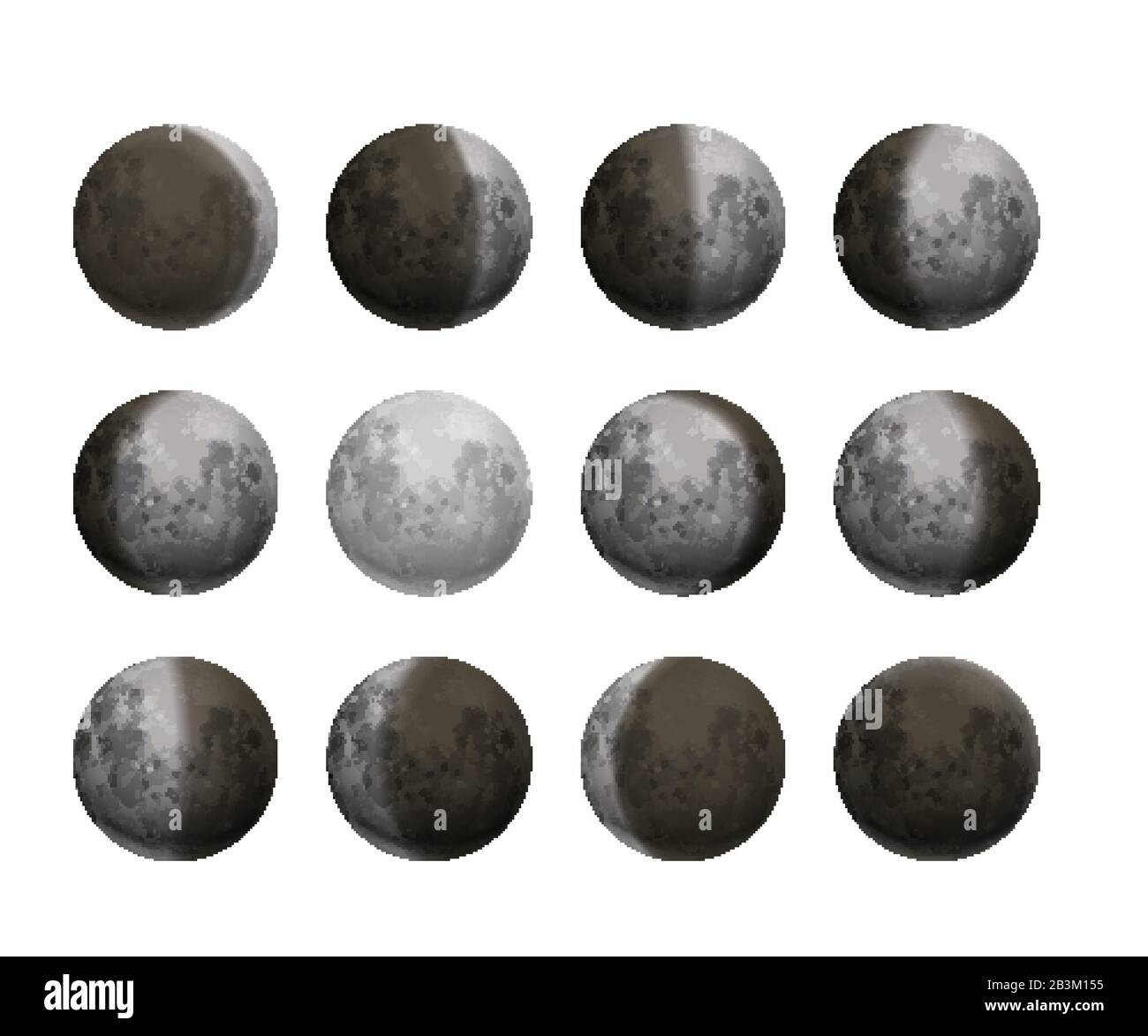 Tout le cycle de phases lunaires, de la nouvelle lune à des satellites pleins et réalistes sur blanc Illustration de Vecteur