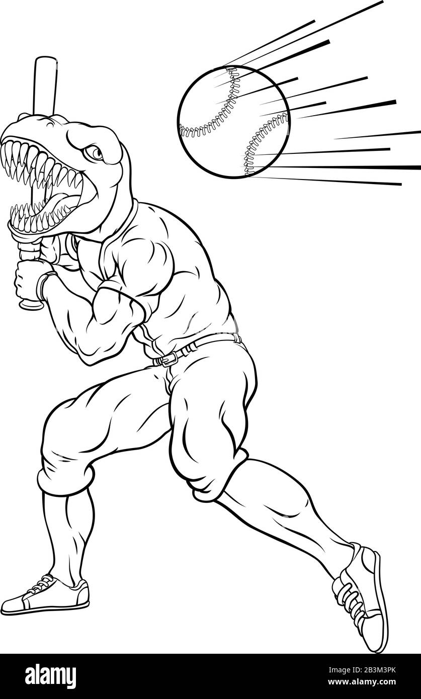 Mascotte dinosaure Baseball Player Swinging Bat Illustration de Vecteur