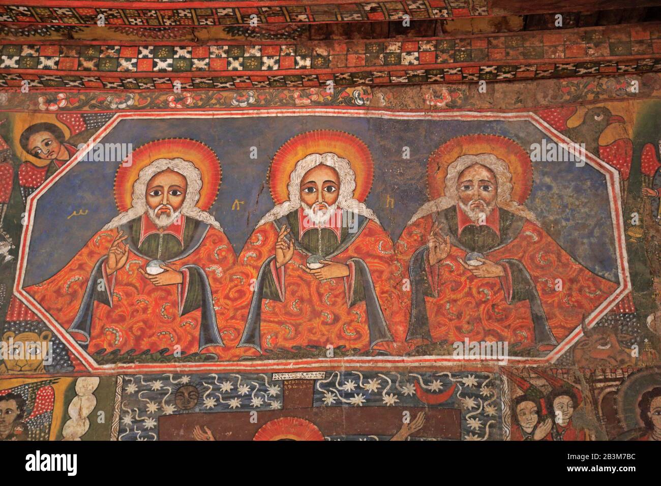 Panneaux muraux peints dans l'église Debre Birhan Selassi Gonder Ethiopie Banque D'Images