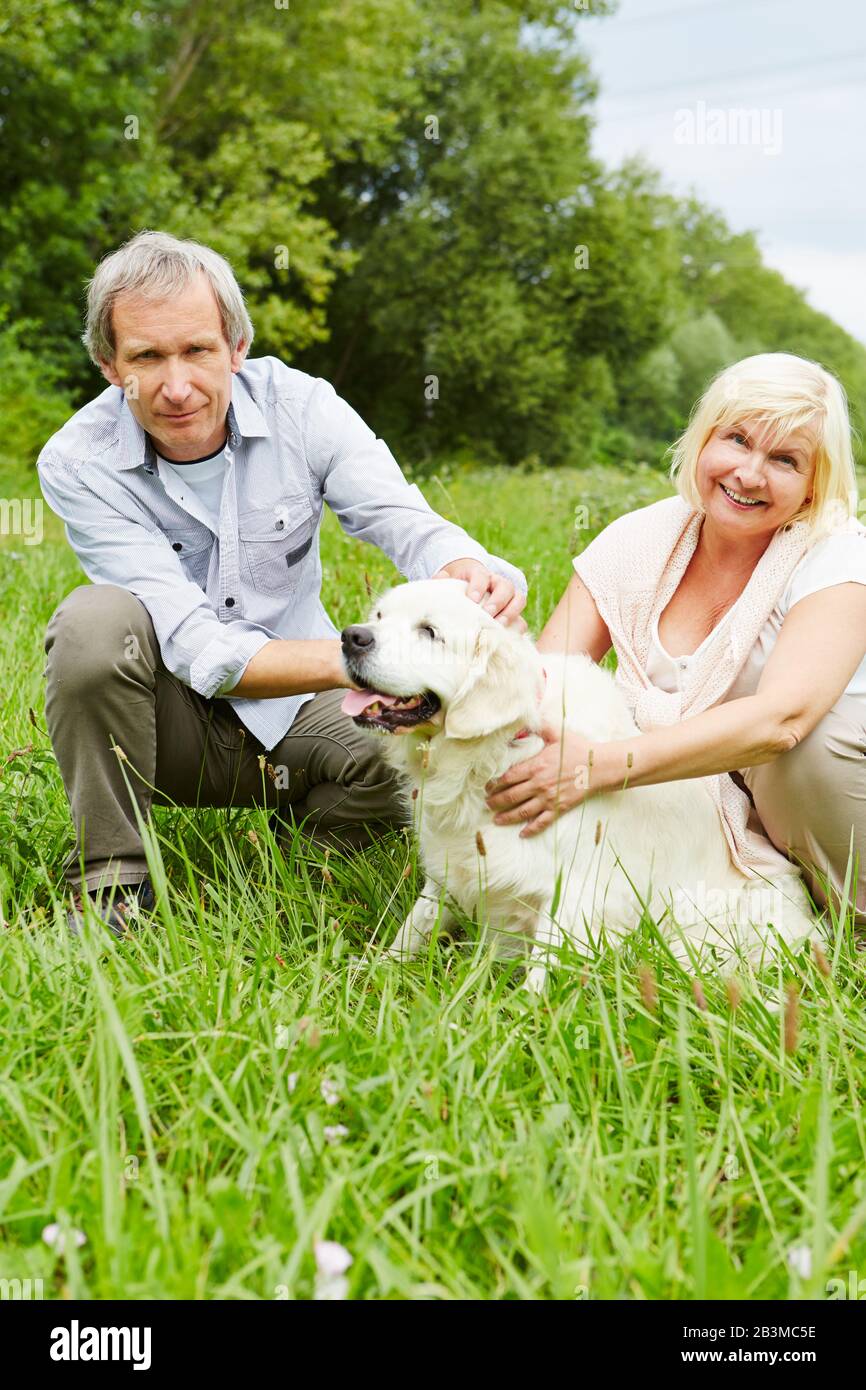 Deux personnes âgées souriantes jetant un chien de réessai doré à l'extérieur Banque D'Images