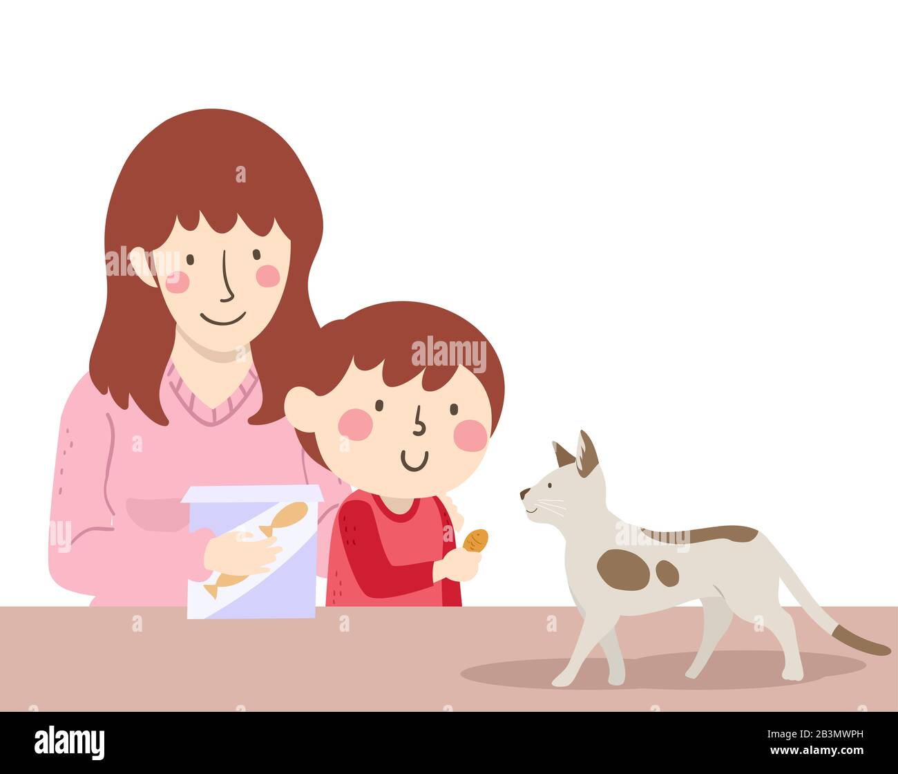 Illustration d'un garçon de Kid avec Sa mère Donnant à leur Chat De Pet un Soin Banque D'Images
