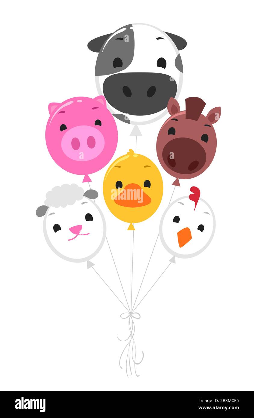 Illustration des ballons avec les visages d'animaux de ferme de vache, porc, cheval, poulet, canard et mouton Banque D'Images