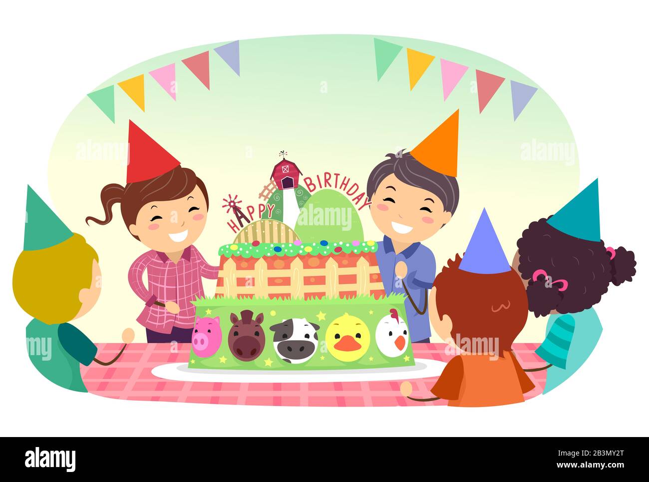 Illustration d'enfants de type « StickTM » avec un grand gâteau célébrant une fête d'anniversaire sur Le Thème de la ferme Banque D'Images
