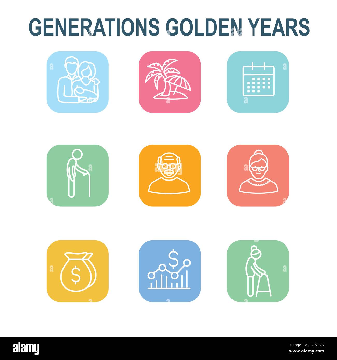 Générations : Années d'or Icon Set avec calendrier de la retraite , l'argent, etc. Illustration de Vecteur