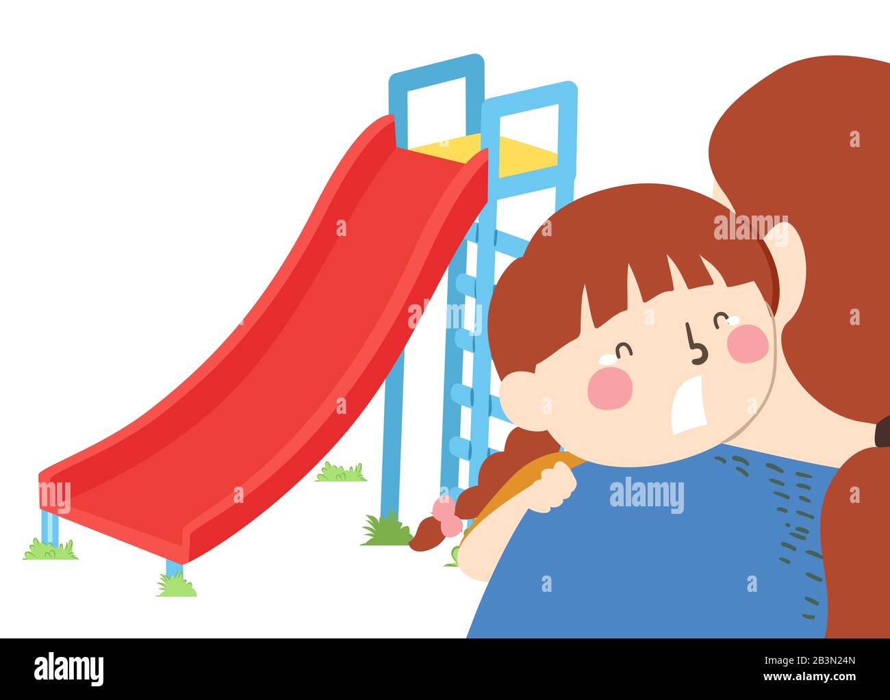 Illustration d'une fille de Kid Pleurant par Ses Mères épaule et Être Effrayée de diapositives dans le terrain de jeu Banque D'Images