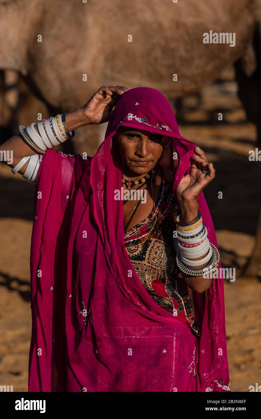 Rajasthani femme, épouse d'un marchand de chameaux, dans des vêtements traditionnels, soulevant son voile, chameaux derrière, Pushkar Camel Fair, Pushkar, Rajasthan, Inde, Asi Banque D'Images
