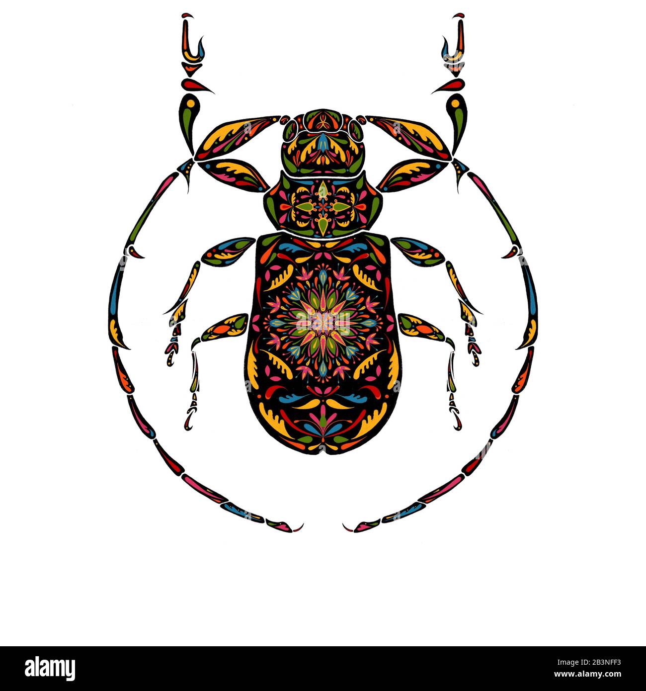 Une illustration, un graphique avec le coléoptère noir isolé sur un fond blanc. Dendroctone décorative et décorée avec ornement. Hoplistocerus iheringi Banque D'Images