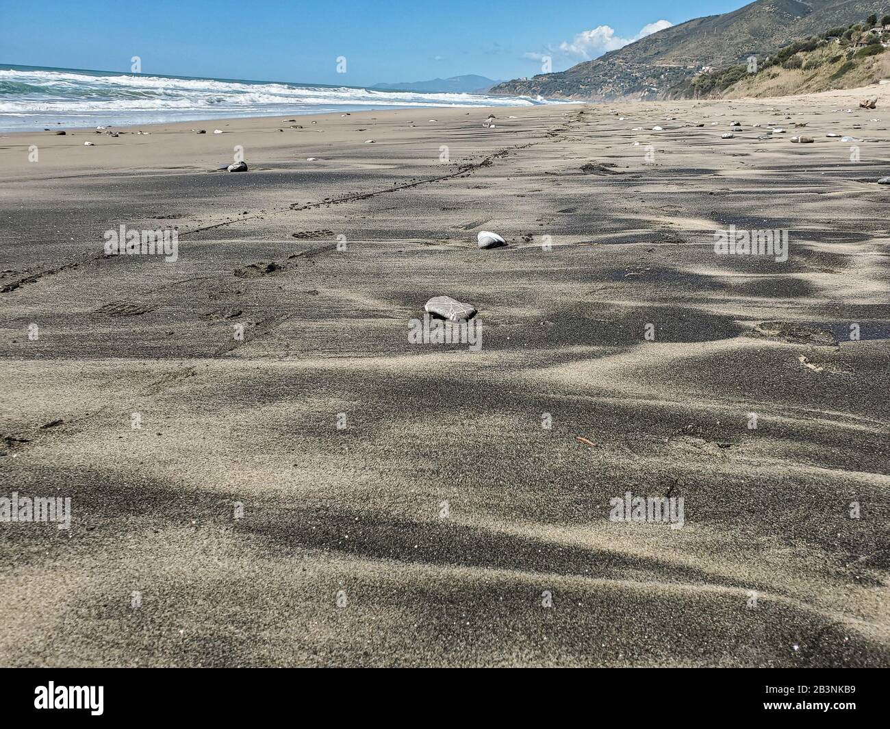 Dommages causés par l'écosystème de la rive sablonneuse contaminés par le pétrole, pollution cilento italie Banque D'Images