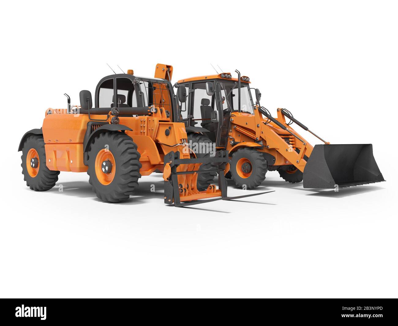 Tracteur multifonction et pelle télescopique pour équipement de construction en 3 dimensions sur fond blanc avec ombre Banque D'Images