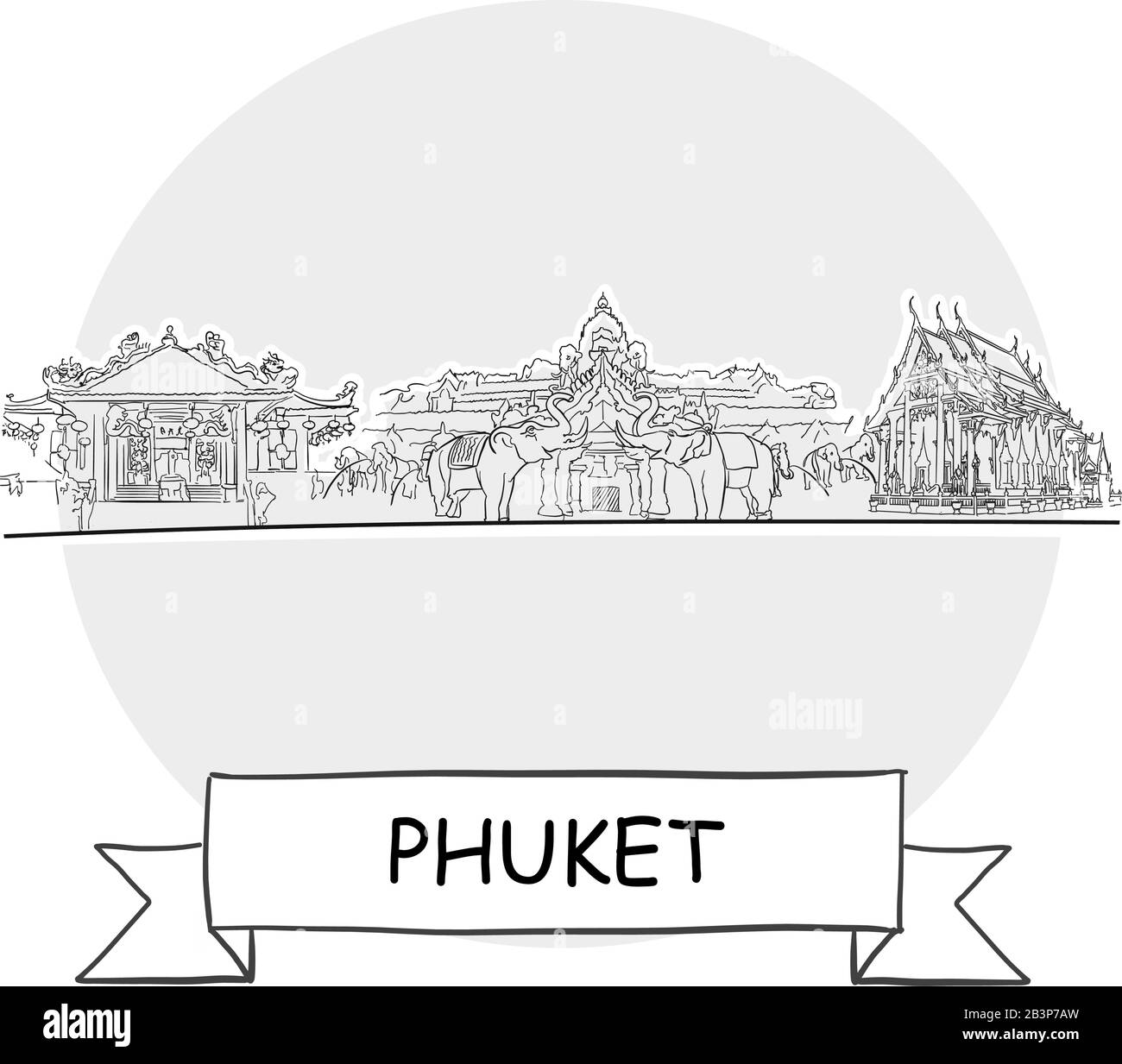 Panneau Vectoriel Phuket Cityscape. Illustration d'un dessin au trait avec ruban et titre. Illustration de Vecteur