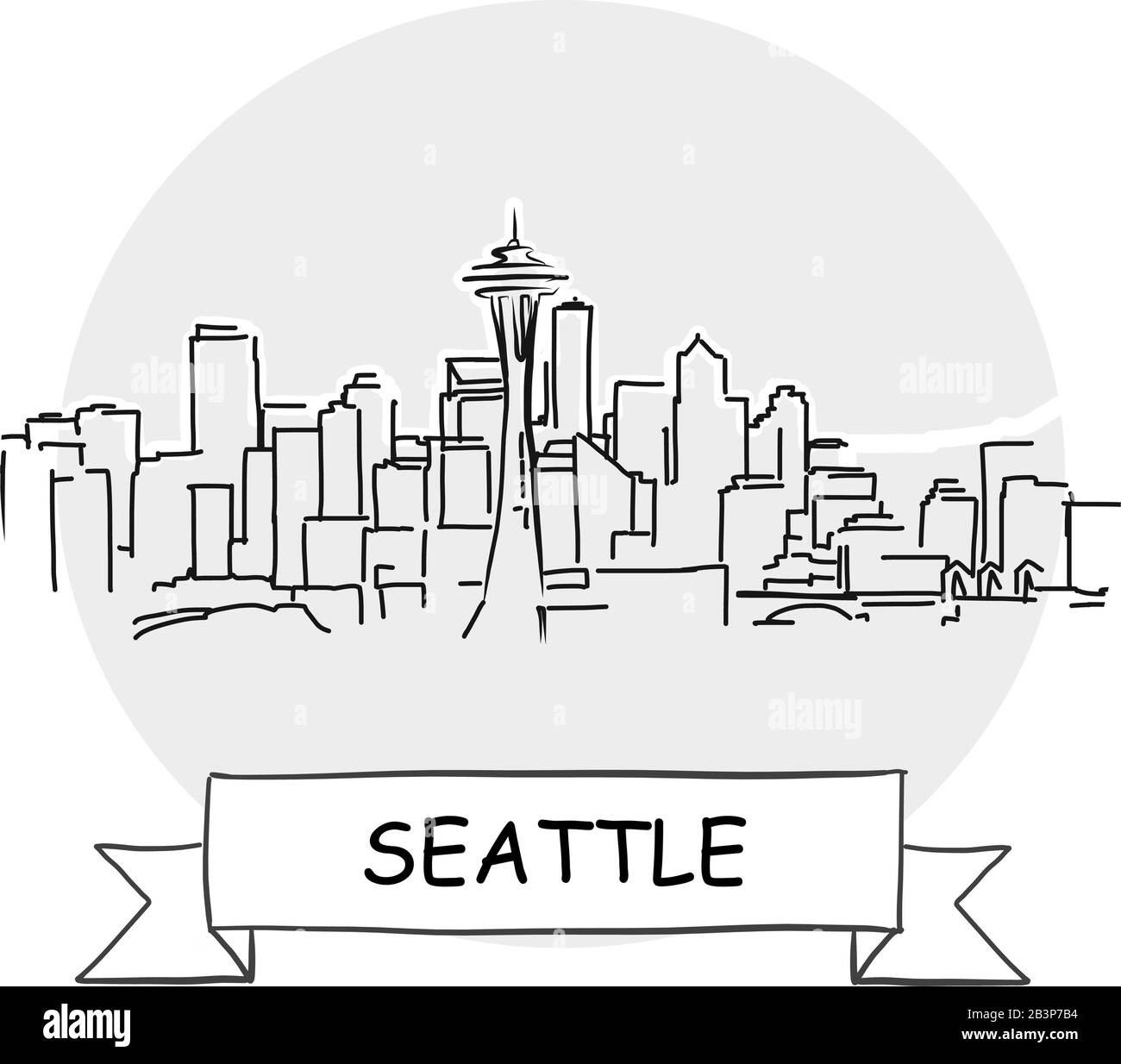 Panneau Vectoriel Seattle Cityscape. Illustration d'un dessin au trait avec ruban et titre. Illustration de Vecteur