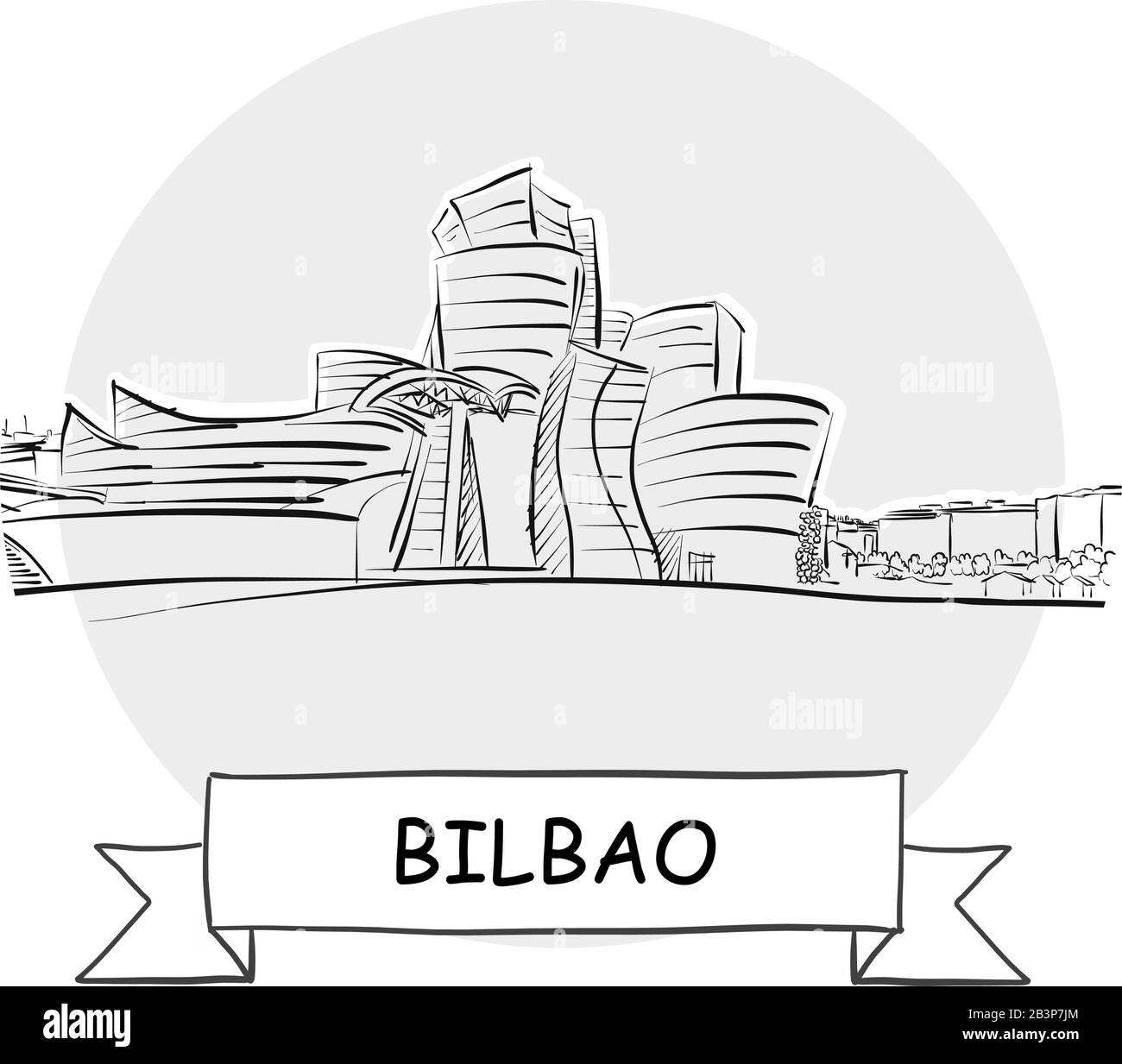 Panneau Vectoriel Bilbao Cityscape. Illustration d'un dessin au trait avec ruban et titre. Illustration de Vecteur