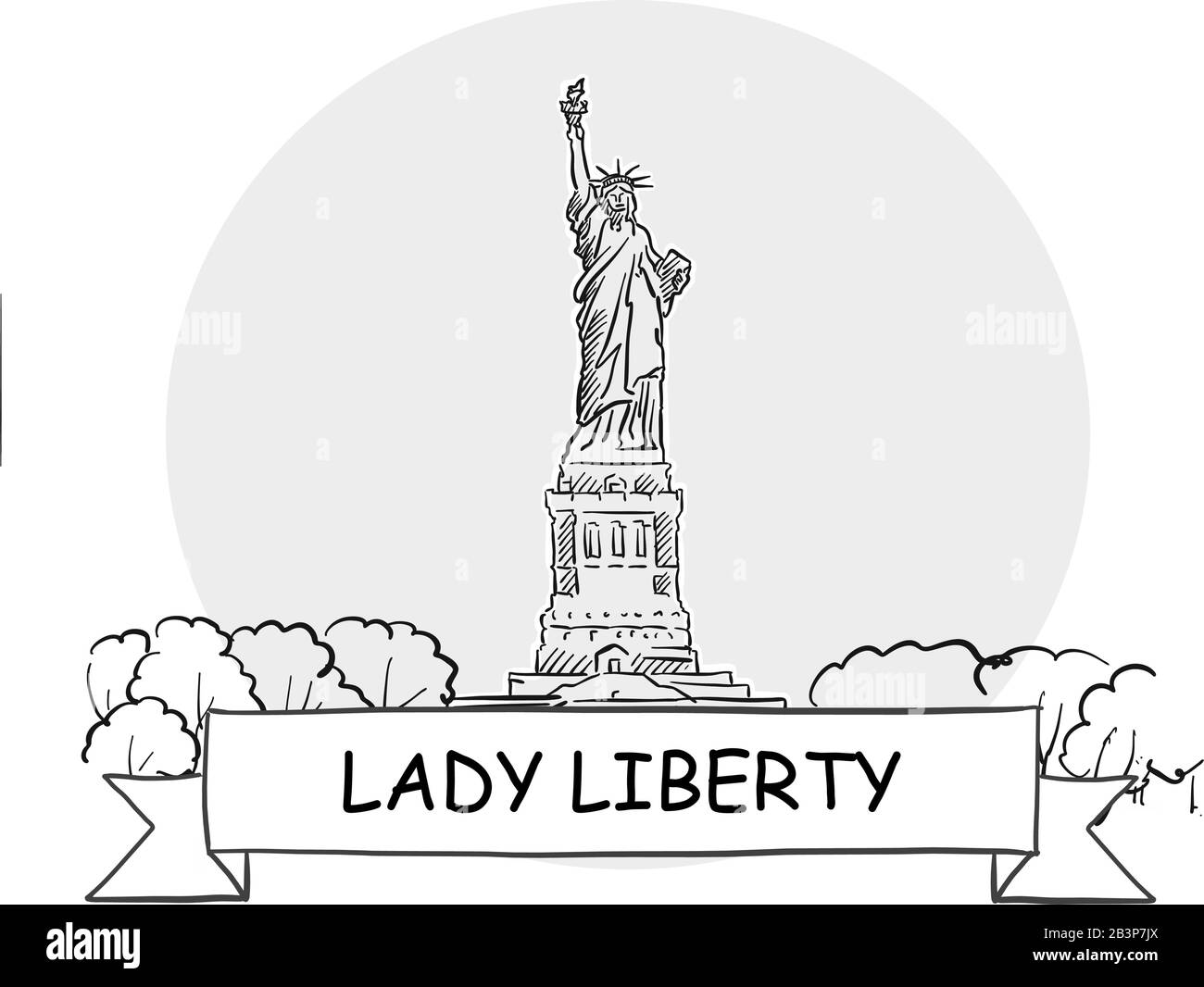 Panneau Vectoriel Lady Liberty Cityscape. Illustration d'un dessin au trait avec ruban et titre. Illustration de Vecteur